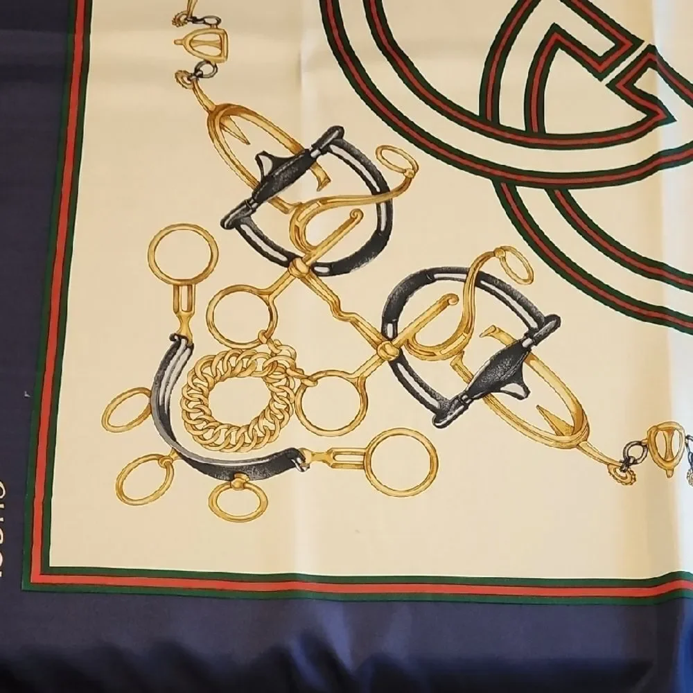 Gucci Cream and Navy Silk Scarf with Gold Details
